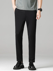 Men's slim fit black business casual dress pants in smooth ice silk fabric
