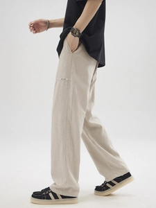 Men's minimalist beige cotton linen casual pants with straight fit and original design label