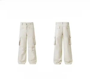 Detailed front and back view of apricot multi-pocket loose cargo pants in pure cotton