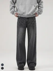 Men's American High Street Vintage Vibe Lightning Pattern Wide Leg Micro Flare Jeans Cotton Blend Washed Denim Pants