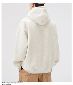 Oversized oatmeal hoodie with dropped shoulder design and dense fabric texture back view