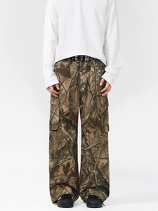 Brown jungle camouflage cargo pants with loose straight fit and large side pockets