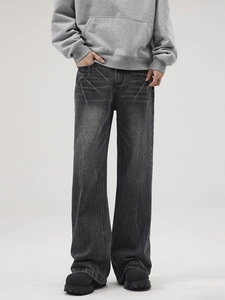 Men's high street vibe dark grey washed straight leg jeans with retro distressed finish