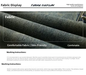 Macro detail of dark blue denim fabric texture with washing and care instructions