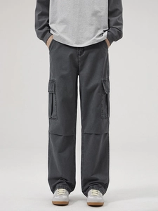 Pantaloni cargo grigio scuro da uomo vestibilità ampia con tasche laterali in cotone