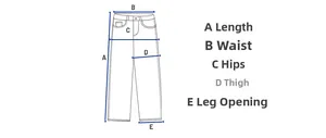 Size chart guide for straight leg jeans showing waist hip and length measurement points