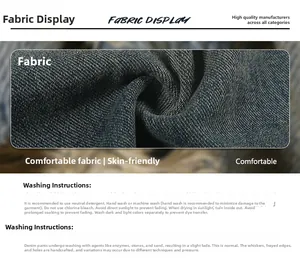 Detail showing high-quality dark blue denim fabric texture and washing instructions