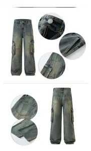 Macro detail of retro washed cargo pants showing multiple pockets and heavy stitching