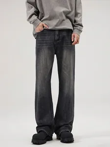 Men's American High Street Vintage Washed Loose Wide Leg Jeans Micro Flare Distressed Cotton Blend Denim Pants Daily Streetwear