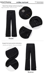 Detail of black flared jeans featuring seagull pocket embroidery and slim denim texture