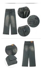 Detailed views of vintage washed loose straight denim pants with metal buttons and seams