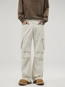 American Vintage Apricot White Multi-Pocket Cargo Pants High Street Straight Wide Leg Cotton Casual Trousers For Men Women