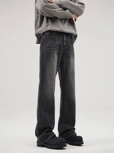 Men's retro wash black wide leg denim jeans with vintage faded whiskers for street style