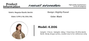 Size chart for black slim-fit flare jeans for men showing fabric details and model size