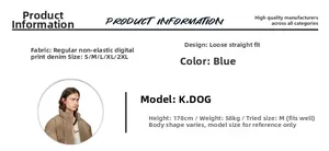 Detailed size chart and product specs for digital print loose straight fit blue jeans