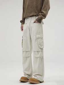 Retro cream multi-pocket cargo pants with high street loose straight leg cut for unisex