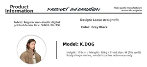 Size chart for gray digital print loose denim jeans showing measurements and fabric details