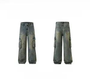 Front and back view of vintage blue wide-leg cargo jeans with large utility side pockets