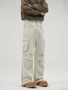 Retro cream multi-pocket cargo pants in street style wide-leg straight cut