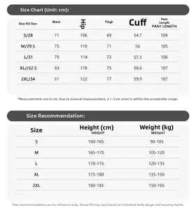Size chart for American digital print baggy jeans with waist and length measurements