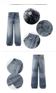 Vue détaillée du jean bleu délavé à jambes larges montrant les boutons et les coutures