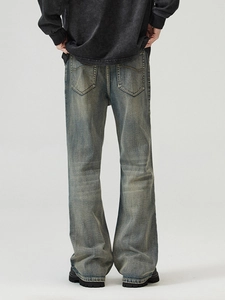 Men's retro wash flare jeans with vintage whiskering and distressed loose fit style