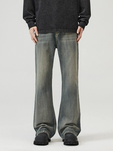 Retro washed distressed wide leg flare denim jeans for men in vintage blue street style