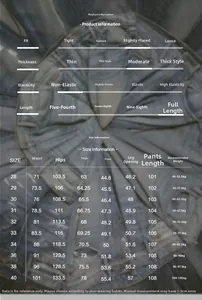 Detailed size chart for vintage flare jeans showing waist and hip measurements in cm