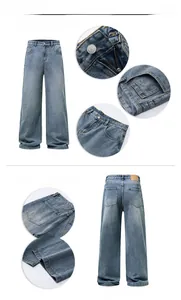 Detail view of light blue wide-leg jeans with focus on pockets and denim texture