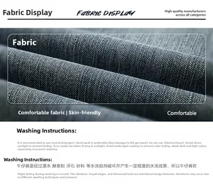Close-up of blue slub cotton denim fabric texture with washing and care instructions