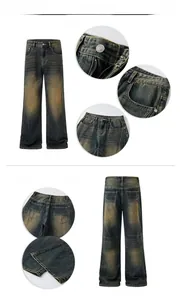 Detail view of vintage wide-leg jeans with yellow-tinted wash and classic metal hardware
