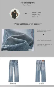 Detail view of light blue flared jeans showing 94.9% cotton fabric content and fit report
