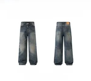 Detaillierte Vorder- und Rückansicht der retroblauen Wide-Leg-Jeans mit Vintage-Waschung