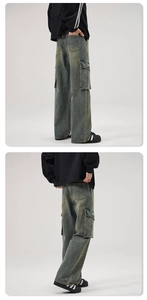 Detailed close-up of retro washed cargo pants showing side pockets and vintage texture