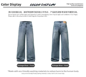 Front and back view of vintage blue wide-leg denim jeans with high waist design