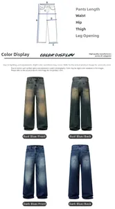 Detailed sizing chart and front-back views of vintage washed wide-leg denim jeans