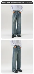 Vertical view of light blue washed denim jeans with vintage faded texture and wide leg