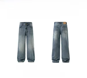 Front and back view of retro blue washed straight leg denim pants with classic 5-pocket design