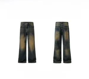 Front and back view of loose flare jeans in rusty blue denim with vintage wash effect