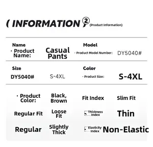 Detailed size chart for men's pleated trousers showing sizes S-4XL and fabric features