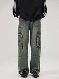 Vintage High Street Men's Cargo Jeans Multi-Pocket Distressed Straight Loose Cotton Denim Pants Casual Trousers