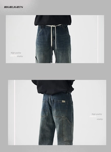 Dettagli dei pantaloni da carpentiere in denim blu lavato con coulisse e tasche ampie