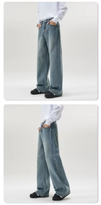 Detail view of light blue wide-leg jeans showing vintage wash and straight fit drape