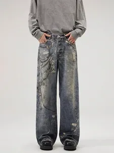 Jeans in Denim Lavato Blu Vintage da Uomo Stampa Digitale a Catena Gamba Larga Dritta Casual Streetwear