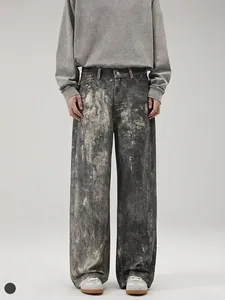 Men's High Street Grey Black Digital Print Jeans Loose Straight Wide Leg Washed Distressed Denim Pants Streetwear Retro Trousers