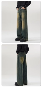 Detailed front and back views of vintage washed blue wide-leg jeans with retro yellow tint