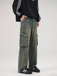 Retro washed multi-pocket cargo jeans in loose straight-leg cut for street fashion style