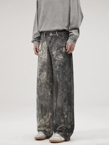 Men's wide-leg acid wash denim jeans in dark grey and beige for high street fashion