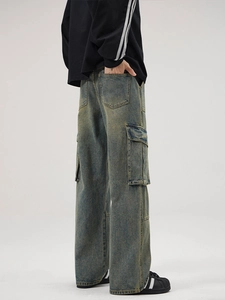 Retro multi-pocket cargo jeans with vintage wash finish and loose wide-leg fit for men