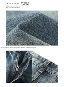 Dettaglio del tessuto denim lavato pesante con cerniera SBS e cuciture di precisione